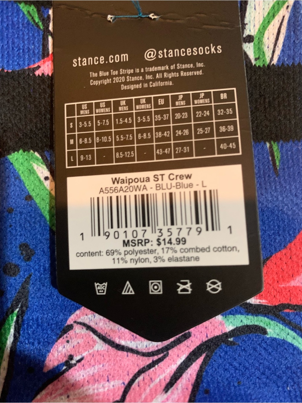 Stance Waipoua ST Blue Floral Hawaii Casual Crew Socks Poly Blend Size large - Picture 5 of 8